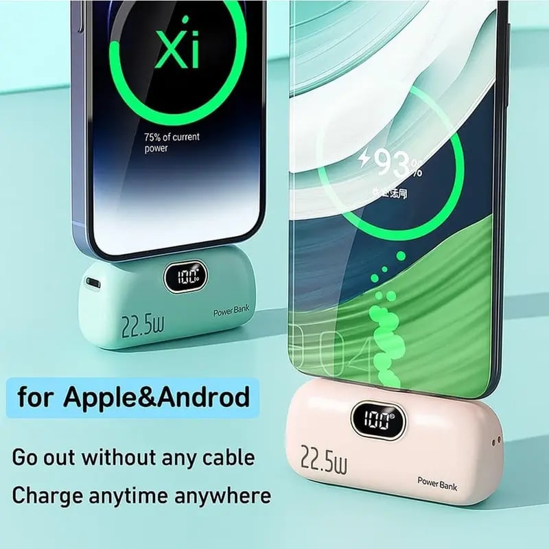 🔋 5000mAh Mini Power Bank – 22.5W Fast Charge, Dual USB Ports (C+A), Digital Display, Ultra-Compact & Lightweight