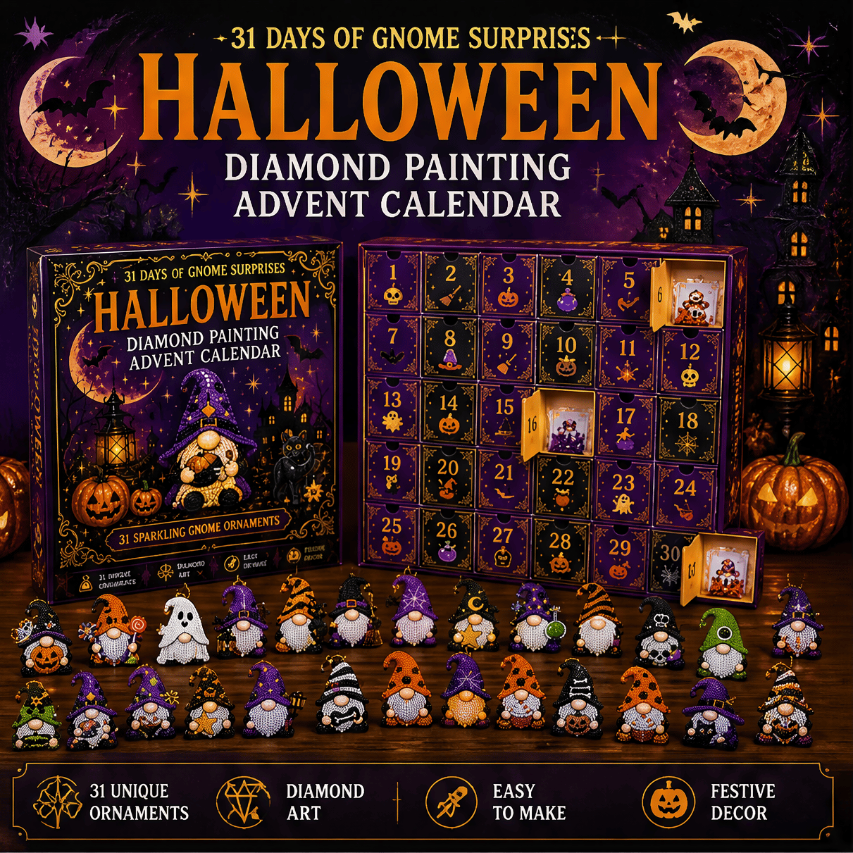 🔥LAST DAY 60% OFF - 🎃✨ 31 Days of Gnome Surprises Halloween Diamond Painting Advent Calendar