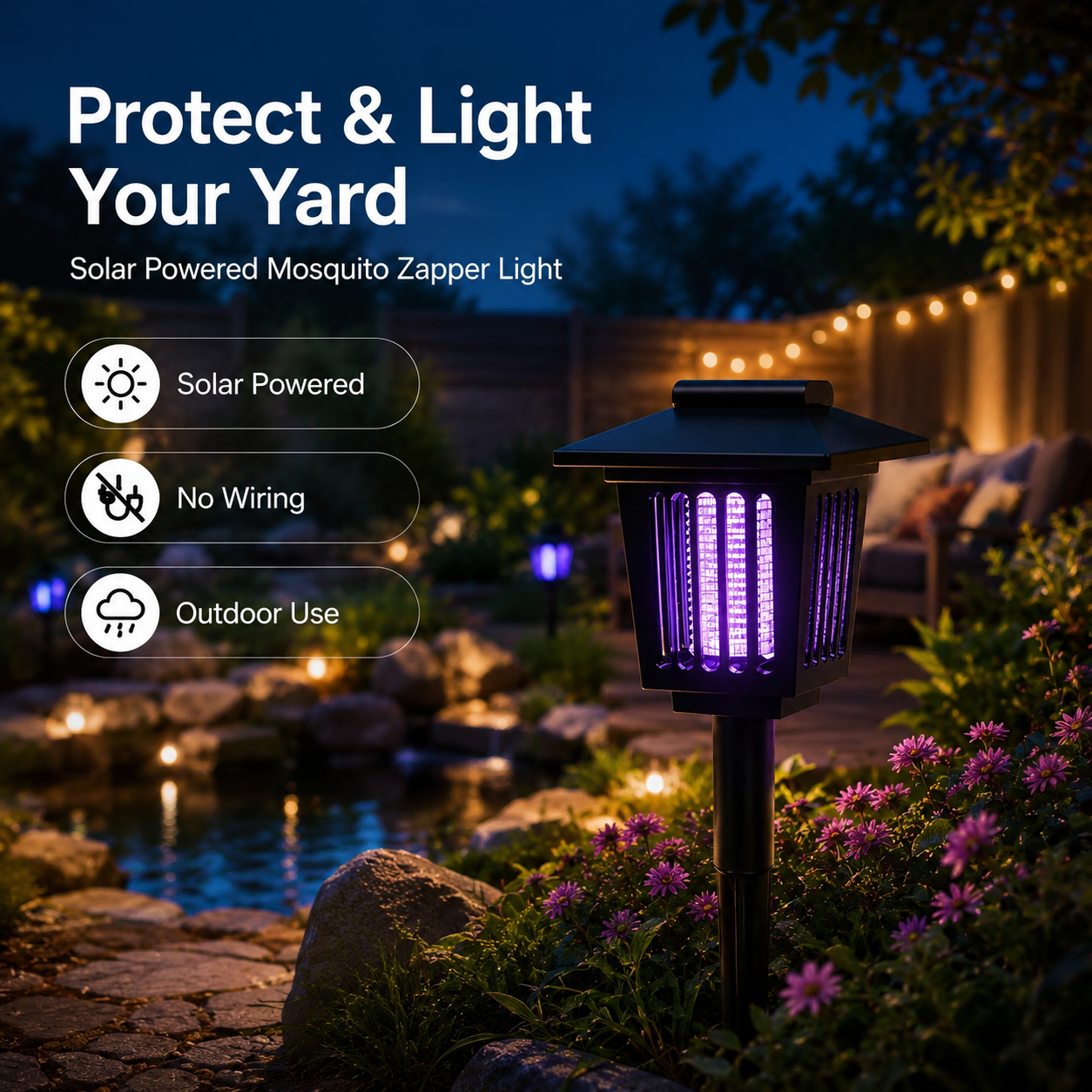 Outdoor Solar LED Mosquito Killer Garden Lamp - Best Stinger for Mosquitoes/Moths/Flies