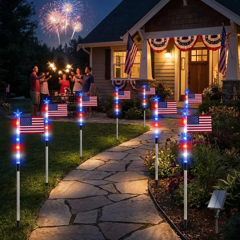 8-Piece American Flag Solar Pathway Lights - Red, White & Blue LED Patriotic Stakes with 8 Lighting Modes - IP65 Waterproof Garden Decor for 4th of July & Memorial Day