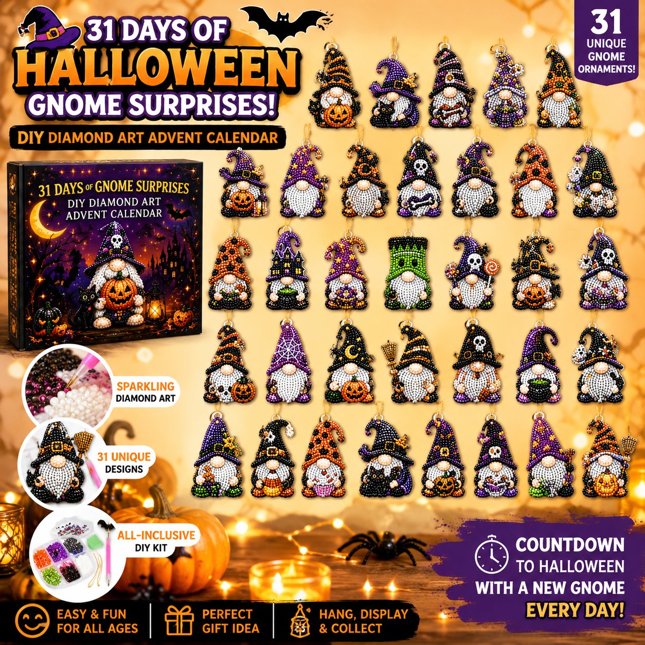 🔥LAST DAY 60% OFF - 🎃✨ 31 Days of Gnome Surprises Halloween Diamond Painting Advent Calendar