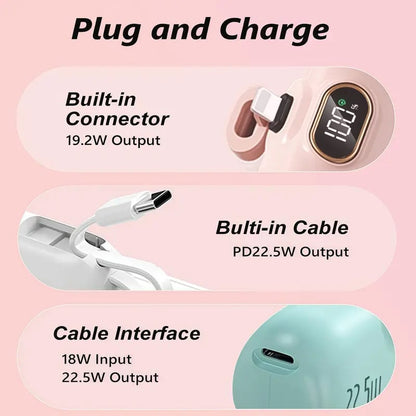 🔋 5000mAh Mini Power Bank – 22.5W Fast Charge, Dual USB Ports (C+A), Digital Display, Ultra-Compact & Lightweight