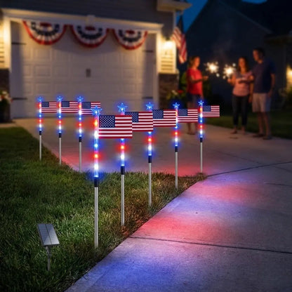8-Piece American Flag Solar Pathway Lights - Red, White & Blue LED Patriotic Stakes with 8 Lighting Modes - IP65 Waterproof Garden Decor for 4th of July & Memorial Day