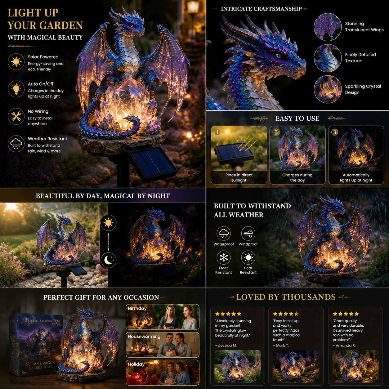💥LAST DAY 50% OFF🐉✨Solar Dragon Garden Statue Light – Golden Ember Fantasy Outdoor Decor