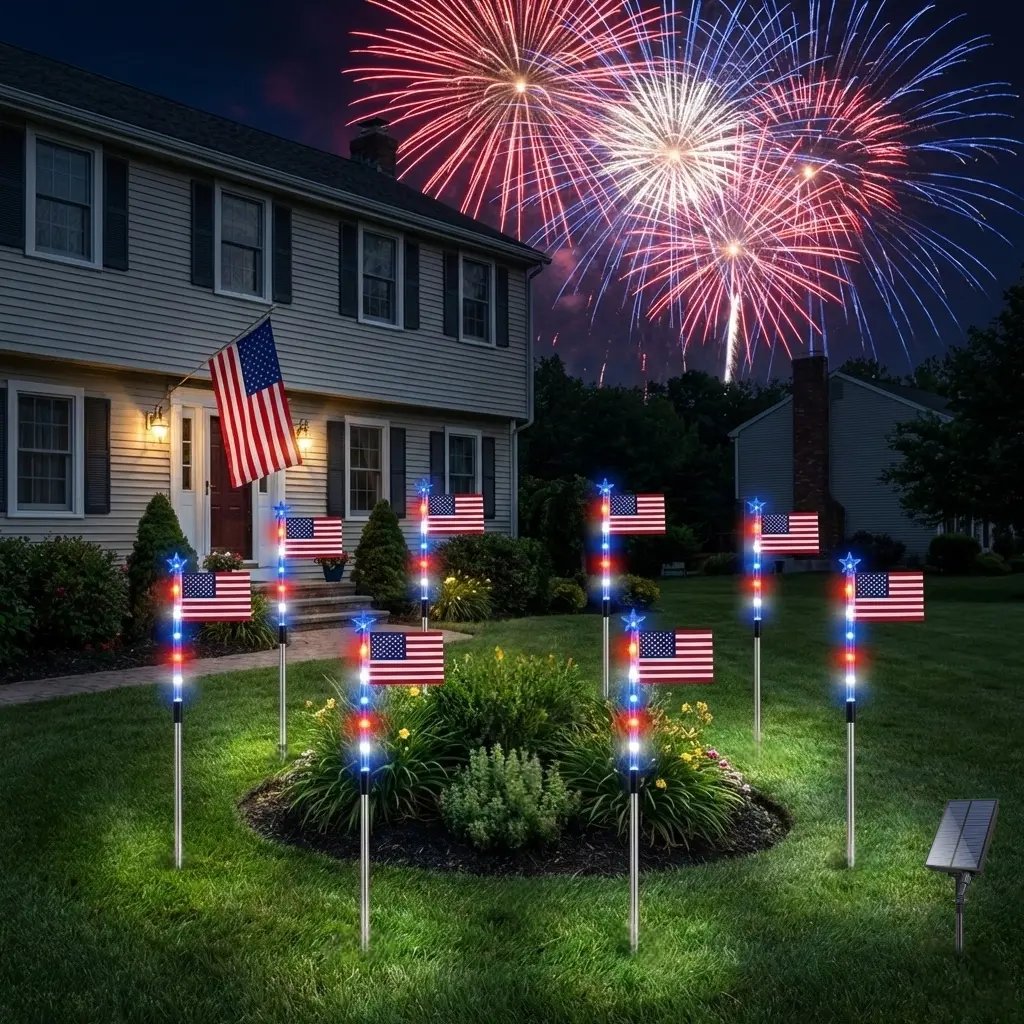 8-Piece American Flag Solar Pathway Lights - Red, White & Blue LED Patriotic Stakes with 8 Lighting Modes - IP65 Waterproof Garden Decor for 4th of July & Memorial Day