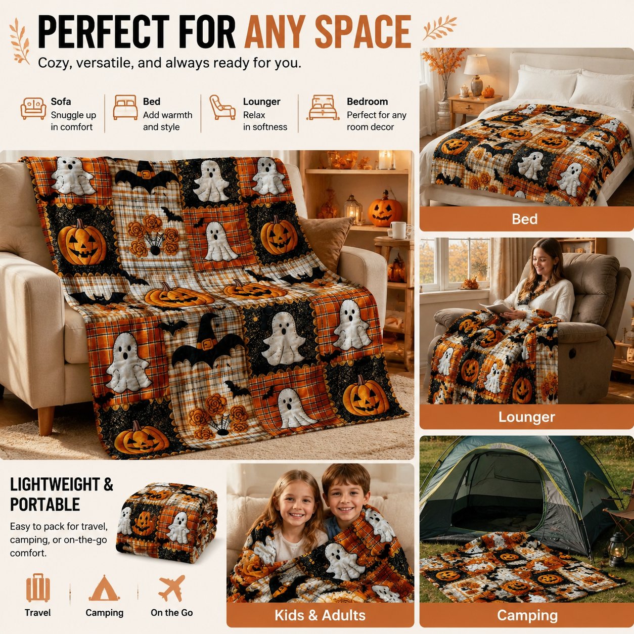 🎃Halloween Pumpkin & Bat Flannel Throw Blanket, Soft Lightweight Cozy Blanket for Sofa & Bed