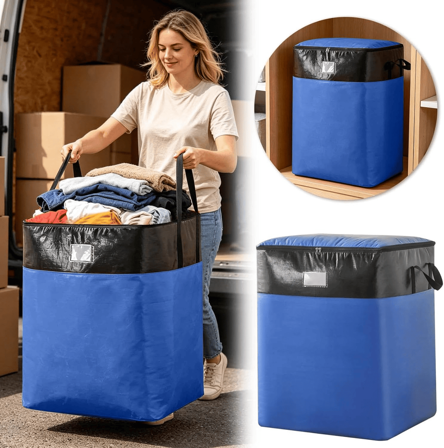 3 Sizes Oversized Reusable Moving Storage Totes, Waterproof Tear Resistant Foldable Storage Bags with Full Open Top & Label Slot, Heavy Load Moving Bags for Rigid Moving Boxes for Moving Dorm Camping Bedding Clothes