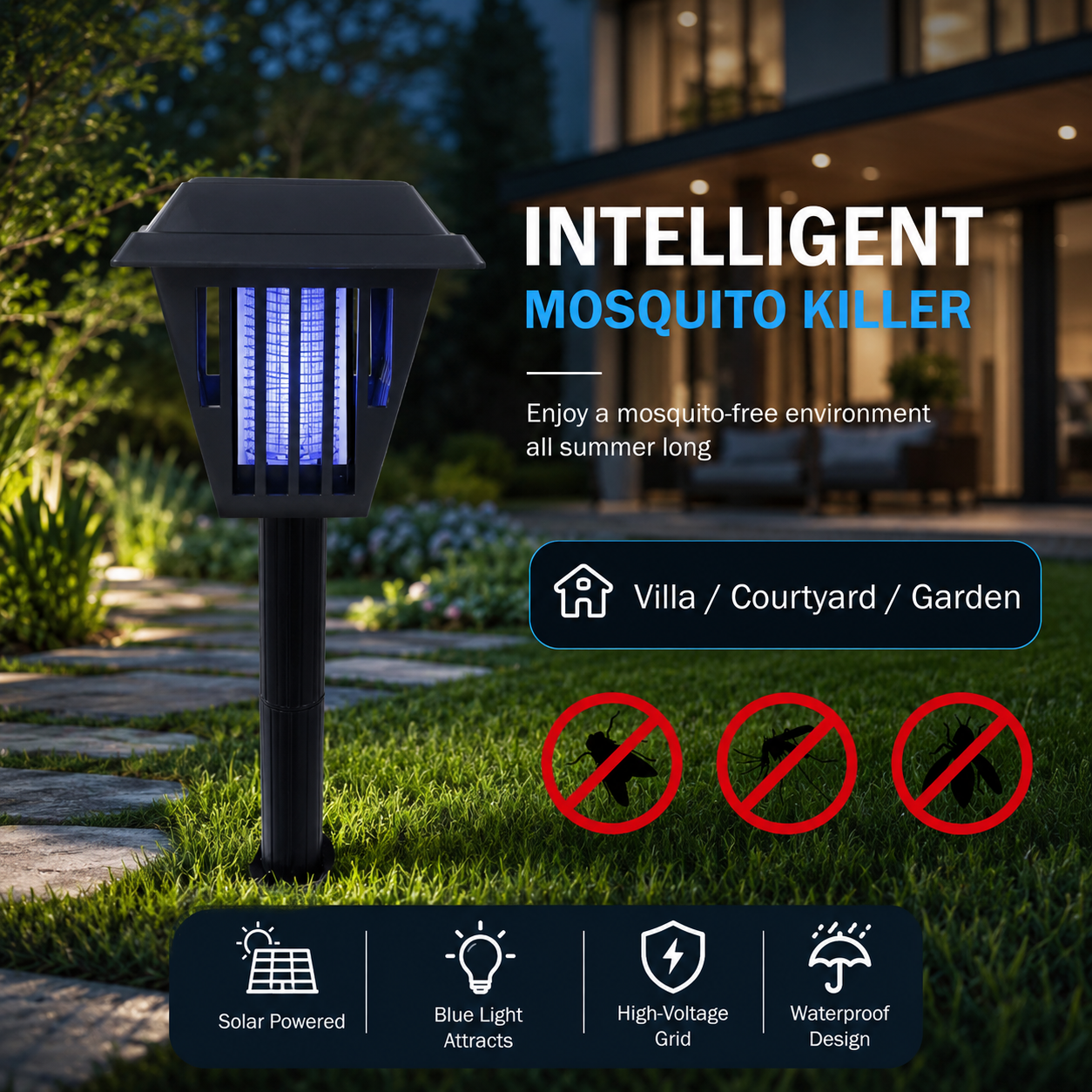 Outdoor Solar LED Mosquito Killer Garden Lamp - Best Stinger for Mosquitoes/Moths/Flies