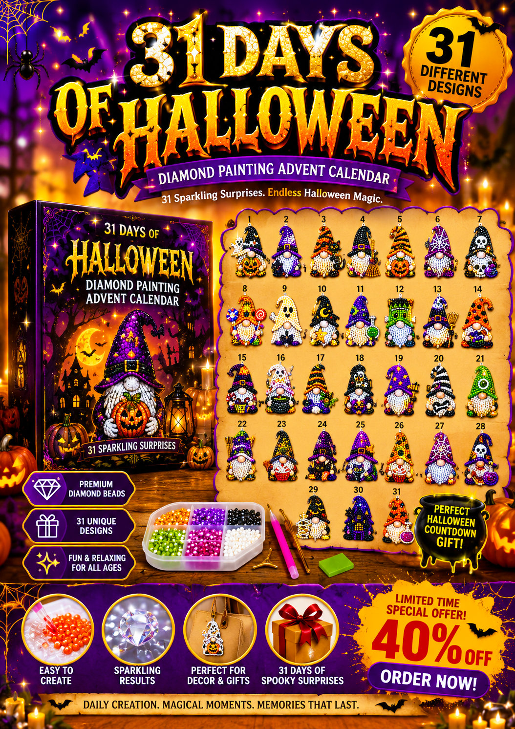 🔥LAST DAY 60% OFF - 🎃✨ 31 Days of Gnome Surprises Halloween Diamond Painting Advent Calendar