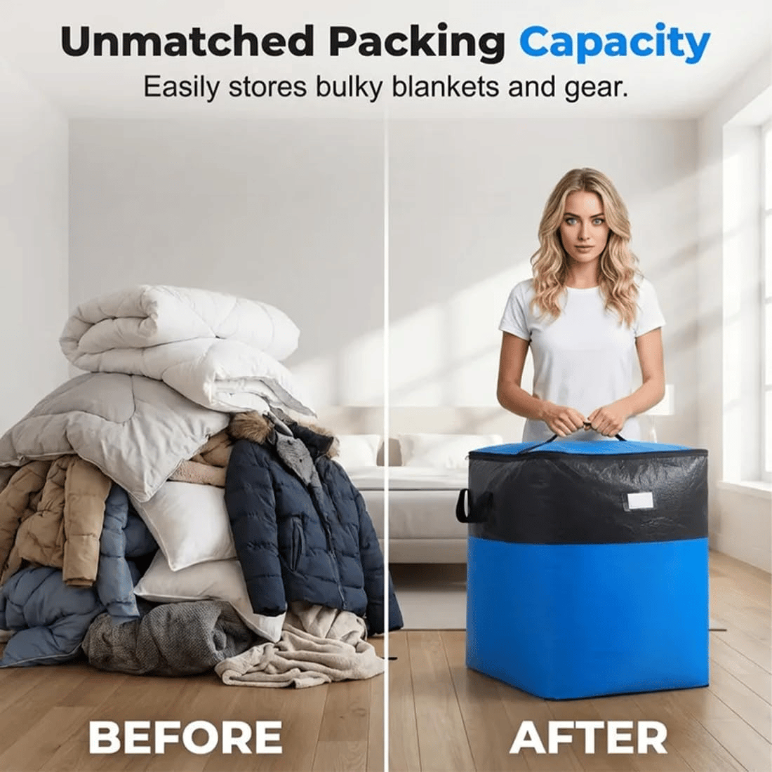 3 Sizes Oversized Reusable Moving Storage Totes, Waterproof Tear Resistant Foldable Storage Bags with Full Open Top & Label Slot, Heavy Load Moving Bags for Rigid Moving Boxes for Moving Dorm Camping Bedding Clothes