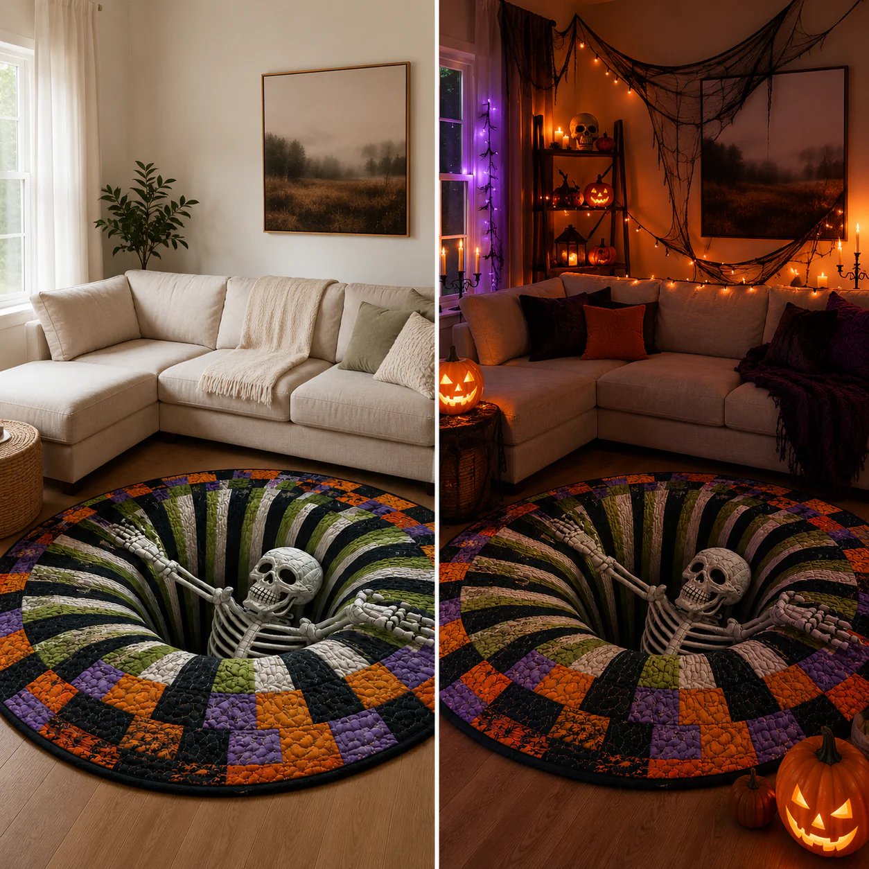 3D Skeleton Vortex Quilted Round Halloween Rug