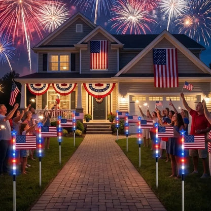 8-Piece American Flag Solar Pathway Lights - Red, White & Blue LED Patriotic Stakes with 8 Lighting Modes - IP65 Waterproof Garden Decor for 4th of July & Memorial Day