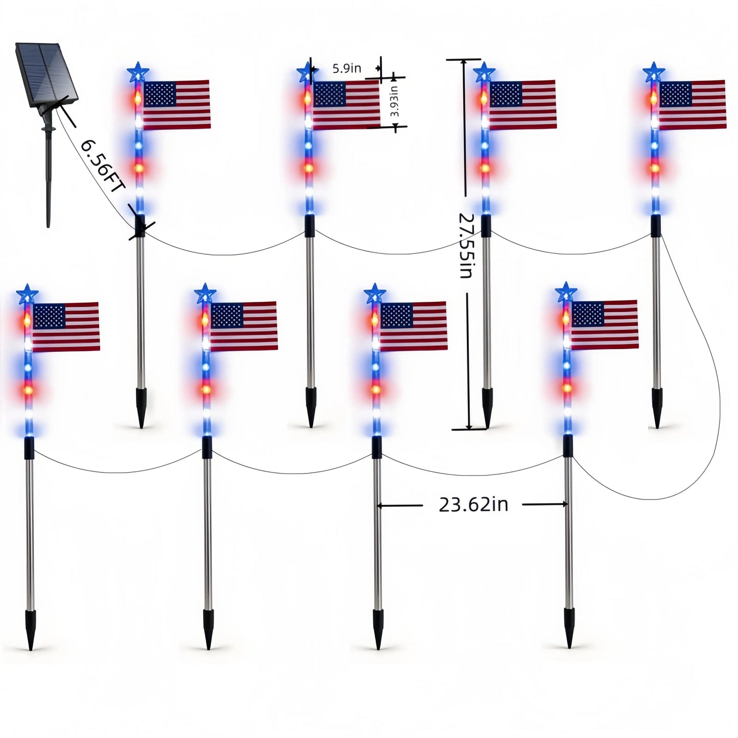8-Piece American Flag Solar Pathway Lights - Red, White & Blue LED Patriotic Stakes with 8 Lighting Modes - IP65 Waterproof Garden Decor for 4th of July & Memorial Day