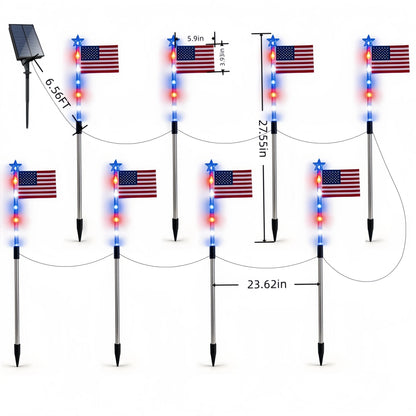 8-Piece American Flag Solar Pathway Lights - Red, White & Blue LED Patriotic Stakes with 8 Lighting Modes - IP65 Waterproof Garden Decor for 4th of July & Memorial Day