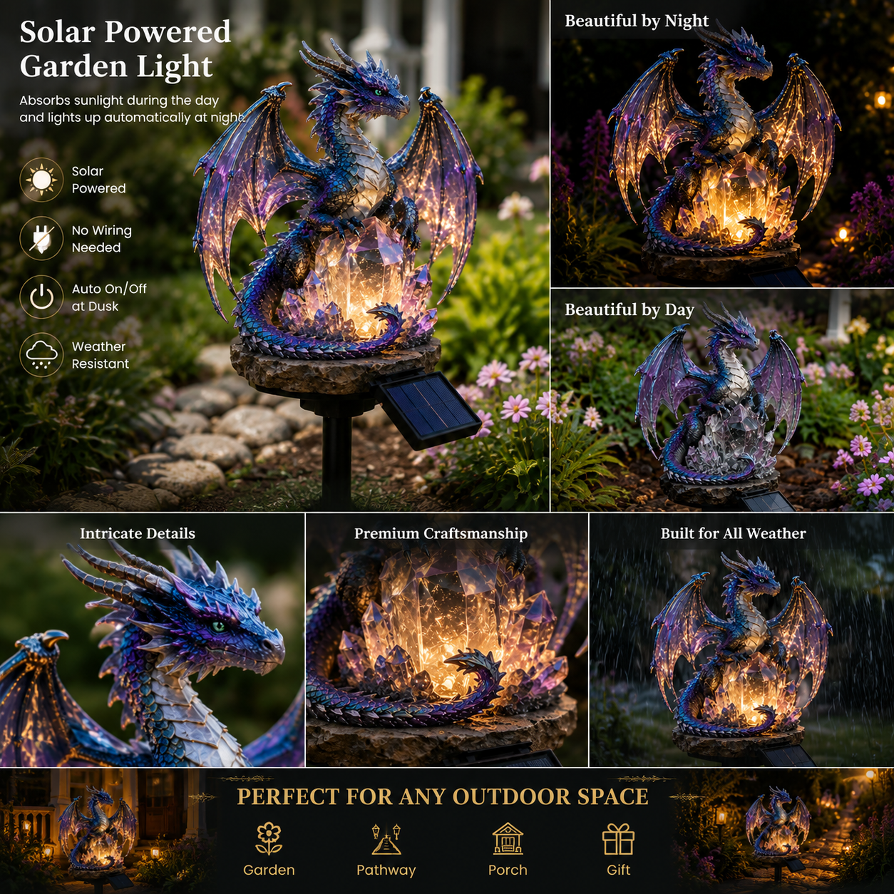 💥LAST DAY 50% OFF🐉✨Solar Dragon Garden Statue Light – Golden Ember Fantasy Outdoor Decor