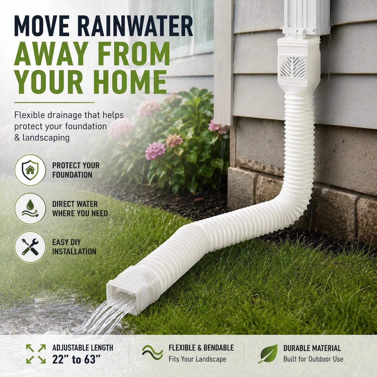 🏡 Flexible Rain Gutter Downspout Extension Kit  – Adjustable 22"-63" Drain Pipe with Leaf Filter for Foundation Protection