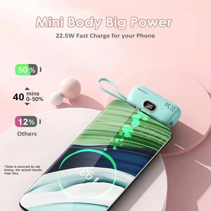 🔋 5000mAh Mini Power Bank – 22.5W Fast Charge, Dual USB Ports (C+A), Digital Display, Ultra-Compact & Lightweight