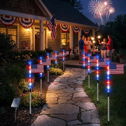 8-Piece American Flag Solar Pathway Lights - Red, White & Blue LED Patriotic Stakes with 8 Lighting Modes - IP65 Waterproof Garden Decor for 4th of July & Memorial Day