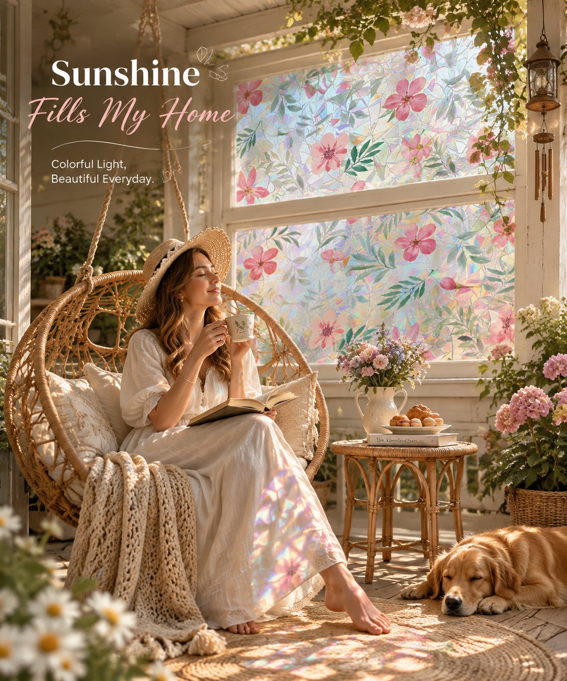 💐Colorful flowers, dazzling sunlight, double-sided visible glass decorative wall stickers